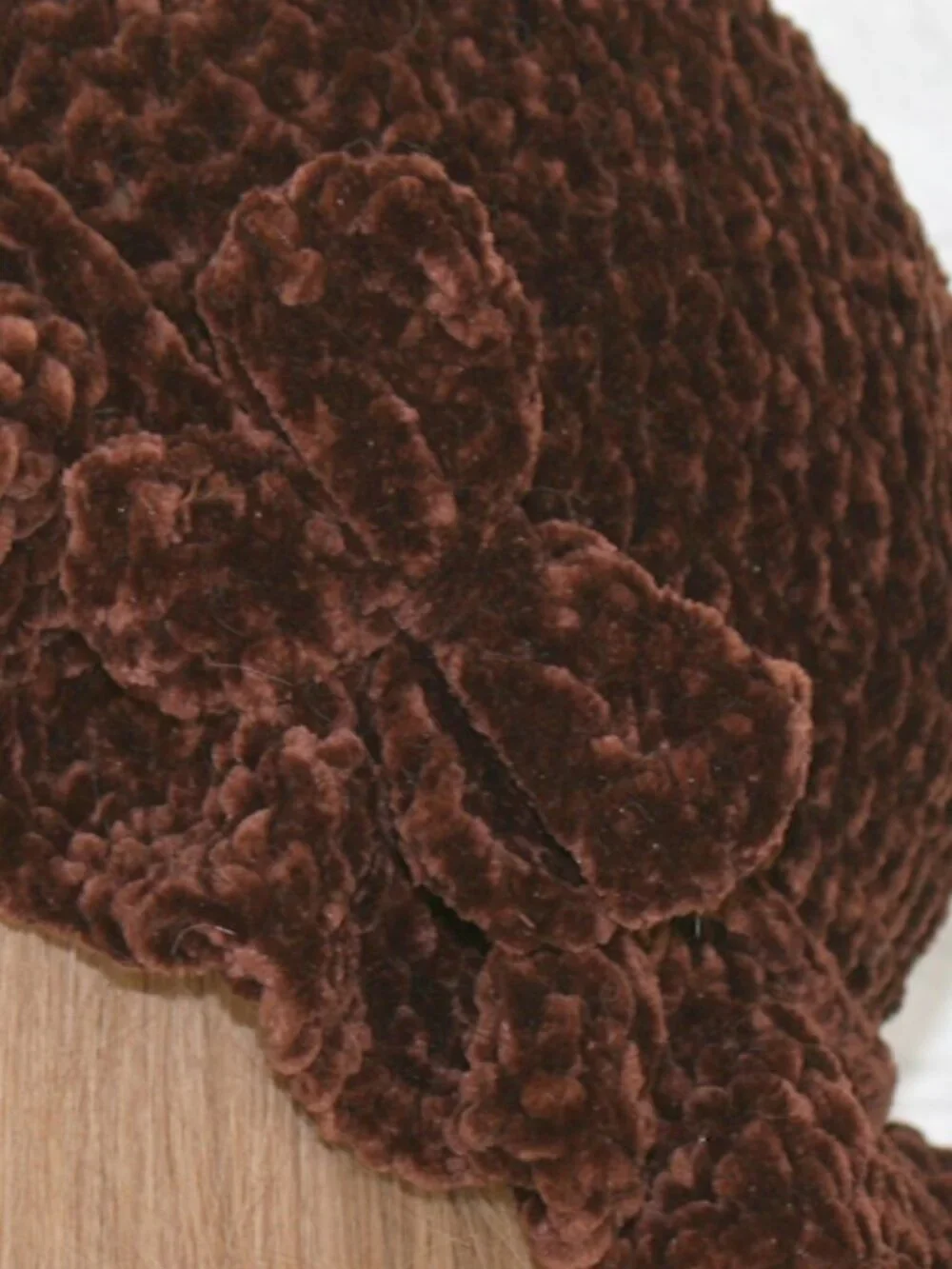 HAND CRAFTED Hat Crochet Bucket Chenille Winter Full Ruffle Brown Wide Brim